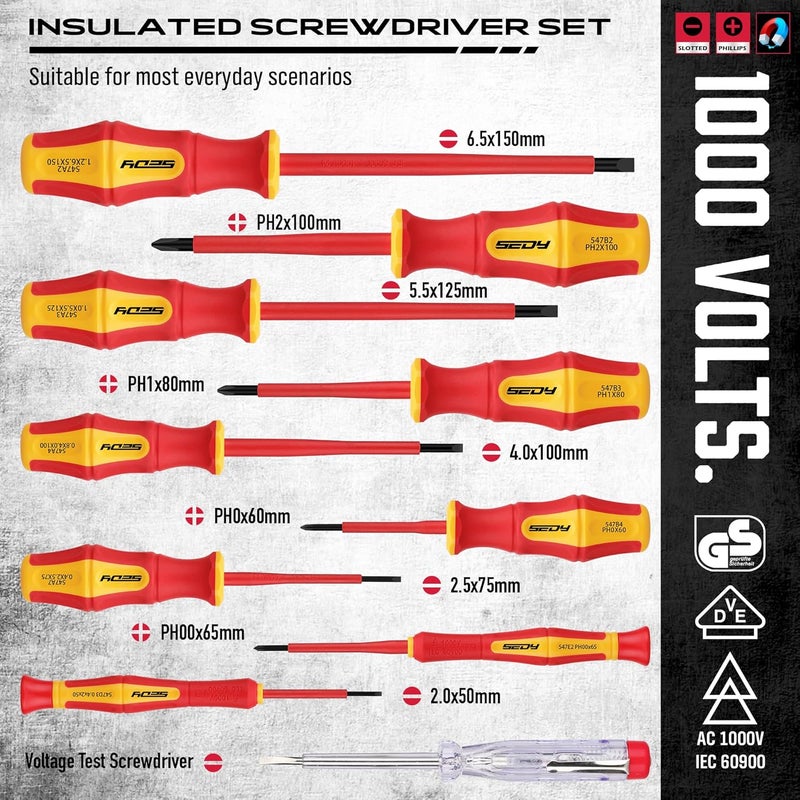 SEDY Insulated Screwdriver & Pliers Set: 14-Piece VDE Insulated Set 1000V Insulated Electrician Tool Set with Magnetic Phillips, Slotted Screwdrivers and Insulated Pliers - Image 2